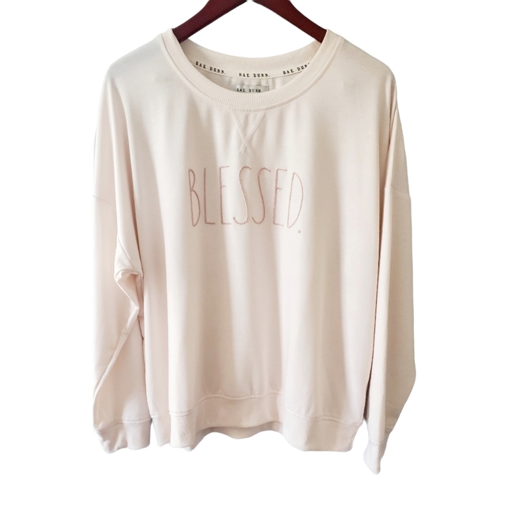 Rae Dunn "BLESSED" Sweatshirt Lightweight Ivory/Pink Size Large/NWT